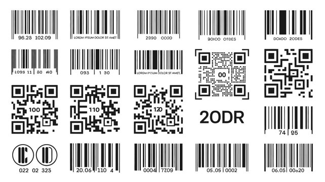 Barcode and quick response code collection on a white background identification scanning retail inventory tracking data matrix upc ean product vector