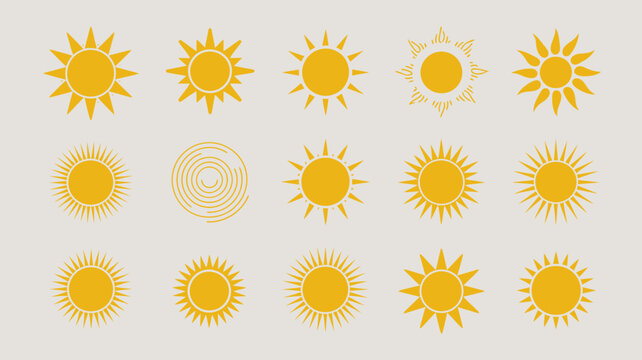 Yellow Sun Illustrations Collection A Variety Of Radiant Designs On A Light Gray Background sunshine solar rays illumination golden vector illustration