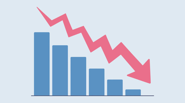 Downward trend graph with red arrow flat vector illustration on light blue background decline decrease falling reduction loss negative drop chart