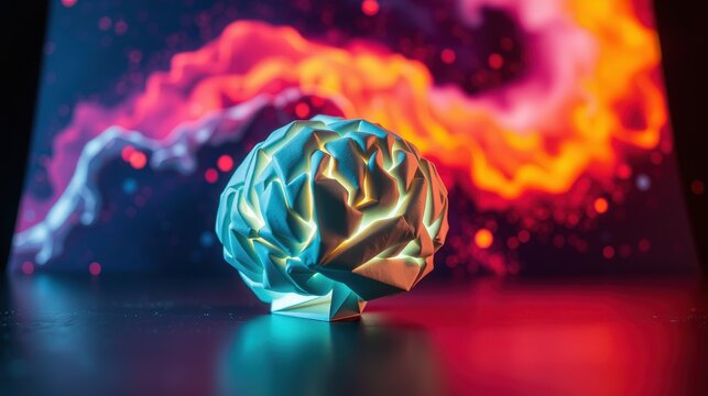 Polygonal brain model glows against vibrant abstract backdrop. Dramatic lighting emphasizes form, texture, concept. Futuristic, artistic presentation.