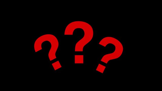 Three white question marks floating on a black background with one tilted punctuation symbol