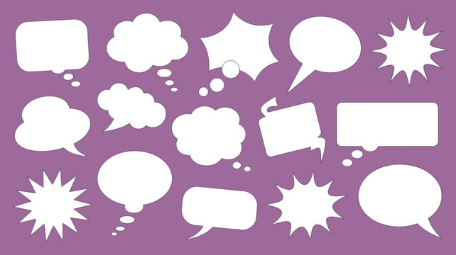 Collection Of Speech Bubbles And Thought Balloons White Vector Illustration On Purple comic book bubble balloon conversation dialogue text box caption