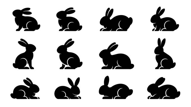 Rabbit Silhouettes In Various Poses Against A White Background rabbits bunny bunnies hare hares silhouette black isolated vector graphic illustration animal