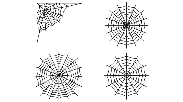 Four Black And White Spiderwebs On A White Background Linear Vector Illustration spiderweb spider webs cobweb cobwebs arachnid eight legged webbing outline