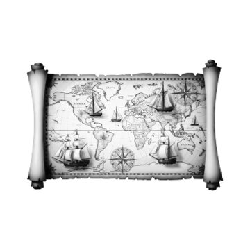 Vintage treasure map illustration with sailing ship and compass. Retro pirate parchment in black and white halftone style isolated on light background.