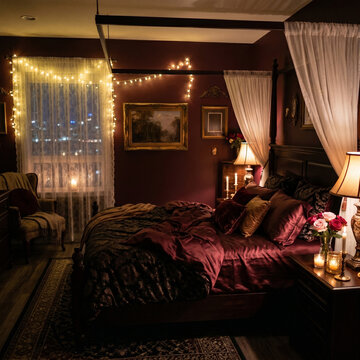 Cozy and romantic bedroom interior at night, dim warm lighting with fairy lights and candles, empty bed with dark silk bedding, dark wood furniture, pink roses bouquet and city view 