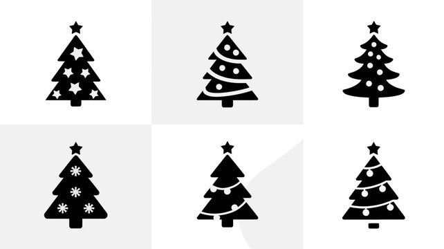 Six black silhouette christmas tree shapes on a white background evergreen fir pine holiday seasonal winter flat design vector graphic isolated