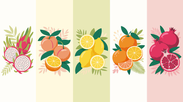 Illustrated fruit assortment with lemons oranges pomegranates peaches and dragonfruit vector illustration citrus lemon orange pomegranate peach pitaya tropical stone digital