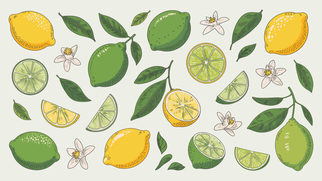 Lemon and lime illustration with leaves and blossoms on a pale background citrus fruit citron yellow green botanical vector drawing sketch