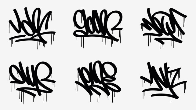 Graffiti style lettering designs black vector illustrations on a light gray background tagging street art urban typography handstyle throw up wildstyle ink