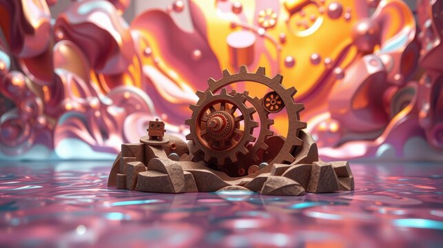 Abstract gears, robot figure, vibrant colors. Fluid shapes create surreal background. Lighting emphasizes metallic textures, depth.
