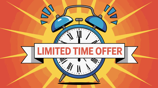 Alarm clock with banner vector illustration in orange and blue tones time wake morning timepiece reminder deadline schedule digital art graphic