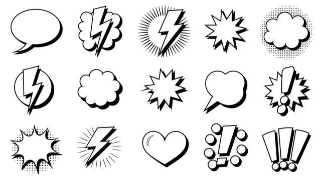 Collection of black and white comic book speech bubbles and action effects comic book speech bubble thought bubble exclamation mark lightning bolt starburst explosion action effect sound effect