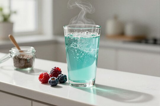 Blue beverage steaming on kitchen counter with berries