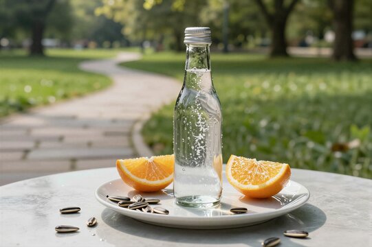 Glass bottle on plate with orange slices in park near pathway