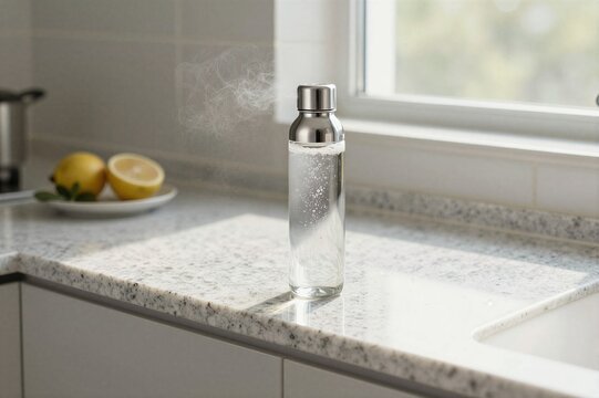 Glass water bottle standing on marble kitchen countertop