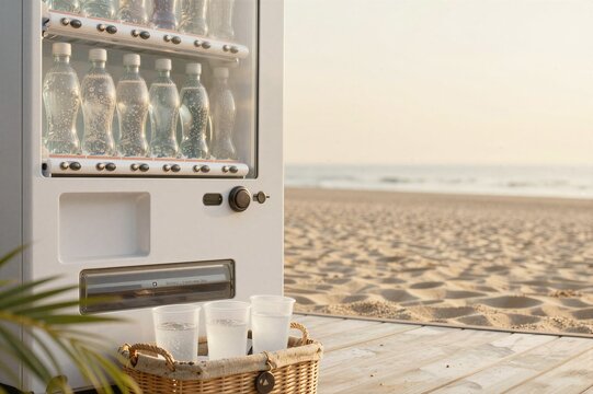 Vending machine stocked with bottled water by sandy beach