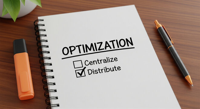 Optimization strategy checklist on spiral notebook, business process management concept, centralized and distributed workflow planning on office desk