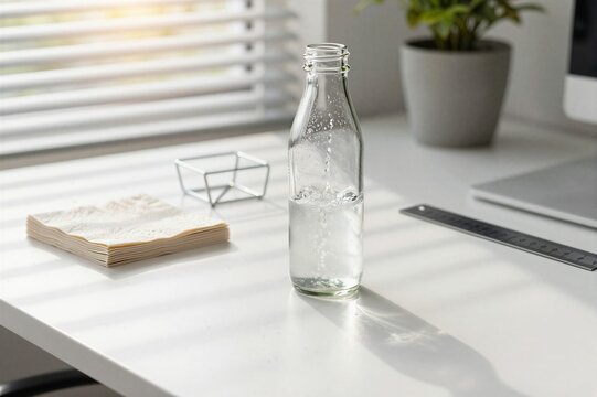 Glass bottle with water on sunlit office desk near window