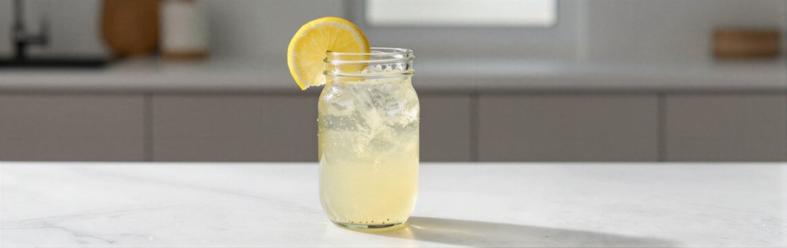 Mason jar of lemonade sitting on marble kitchen countertop