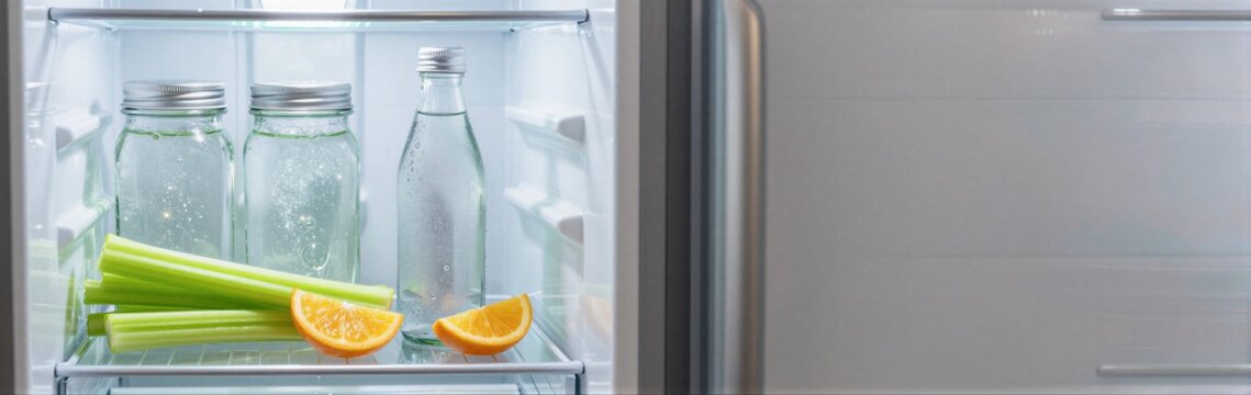 Open refrigerator shelf with jars celery and orange slices