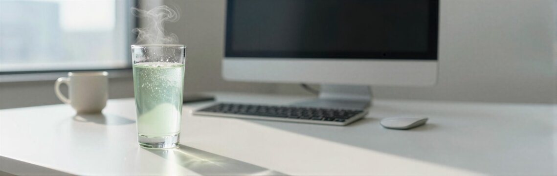 Steaming glass on office desk with computer in background