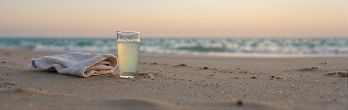 Glass placed on sandy beach beside towel at dusk