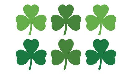 Fototapeta premium Six green shamrocks against a white background a vector illustration clover shamrock three leaf leaf leaves foliage color graphic flat design simple