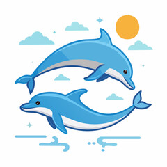 Fototapeta premium Two Blue Dolphins Swimming Under a Sunny Sky with Clouds