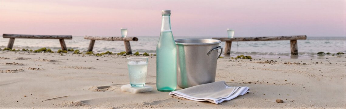 Bottles and ice bucket set on sandy beach at dusk
