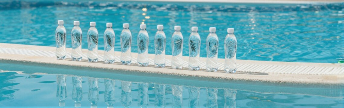 Row of plastic water bottles lined up along pool edge