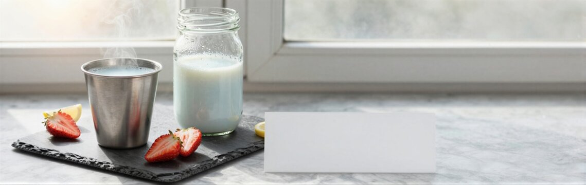 Glass jar and metal cup placed beside strawberries on windowsill