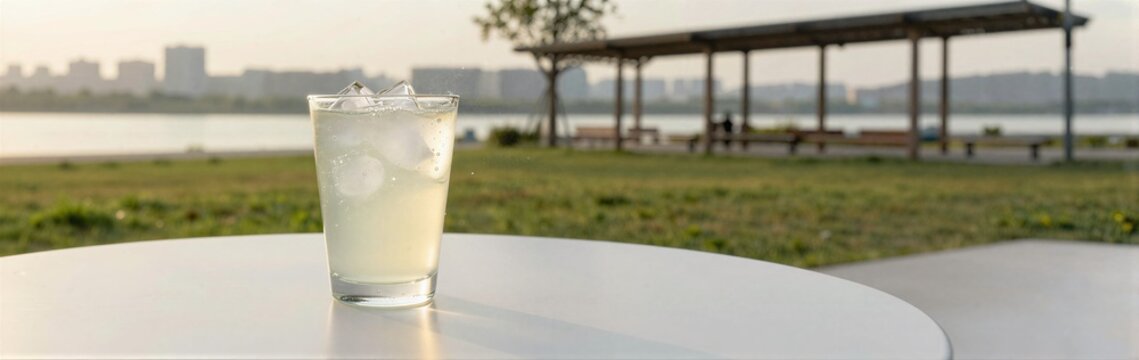 Cold lemonade glass placed on white table near waterfront