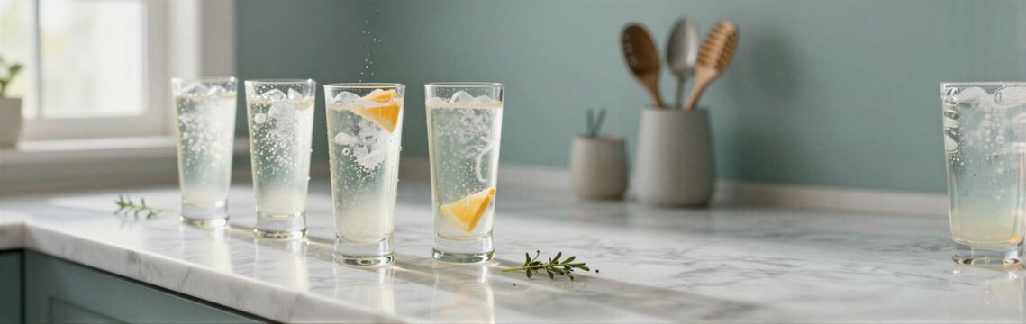 Row of tall lemon water glasses on marble kitchen countertop