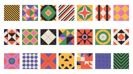 Obraz premium Geometric pattern collection with colorful shapes on a white background abstract design vector illustration repeating square format modern graphic elements flat