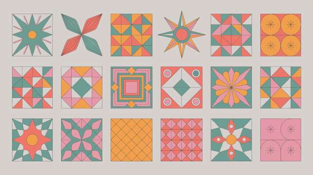 Geometric patchwork quilt squares colorful vector illustration on a light gray background pattern design ornament decorative repeating textile fabric abstract modern