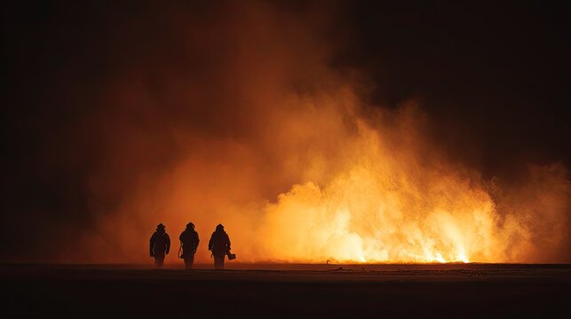 Silhouettes of Firefighters Against Blazing Flames, Firefighting and Rescue Operation, Heroic Scene with Orange Fire Background
