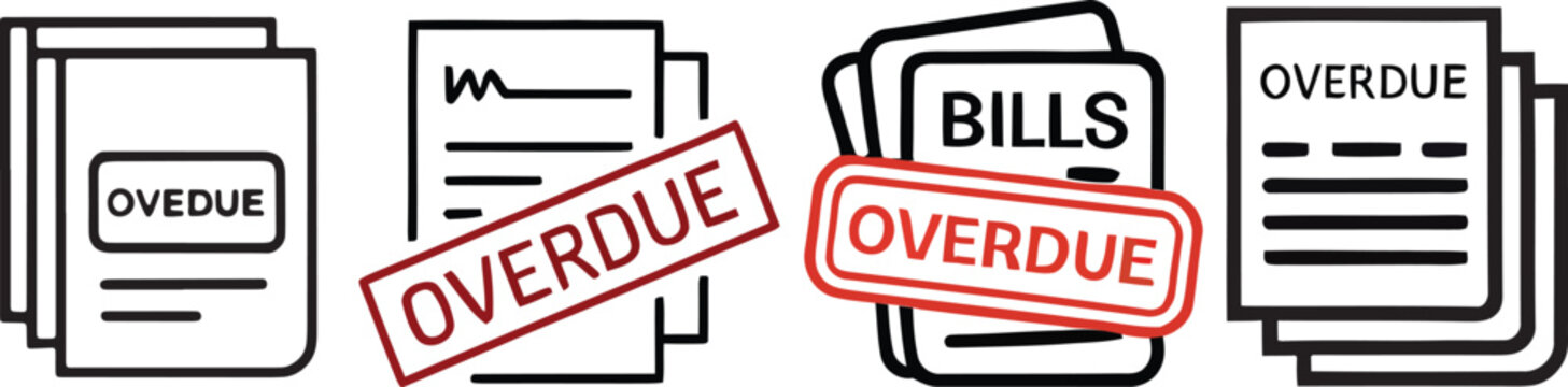 Modern minimal overdue bills and unpaid paper icons set in outline solid and colored styles