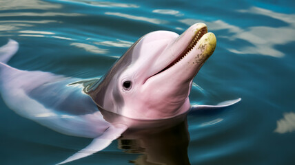 Fototapeta premium A smiling pink dolphin swims in clear blue ocean water with sunlight reflections.