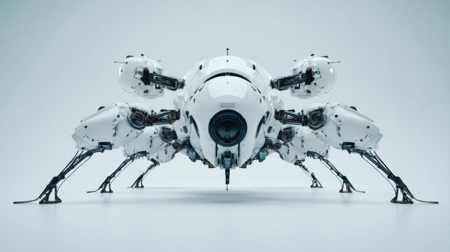 Futuristic white multi-legged robotic creature with mechanical details in a clean studio environment