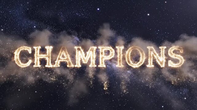 Celebratory sparkling champions gold text animation with glitter celebration triumph victory