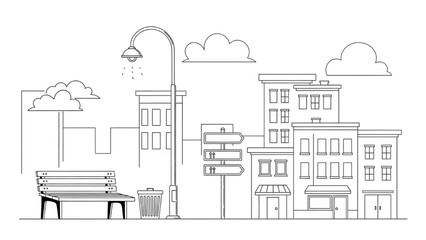 Naklejka premium Urban scene with 2D CAD Vector illustration of city buildings and street furniture