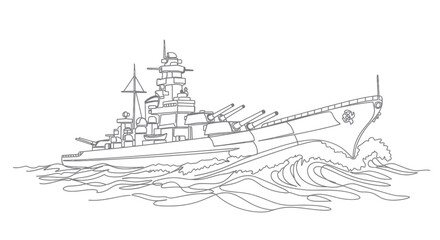 Battleship illustration, naval warship in the sea, line art, military vessel © purnama