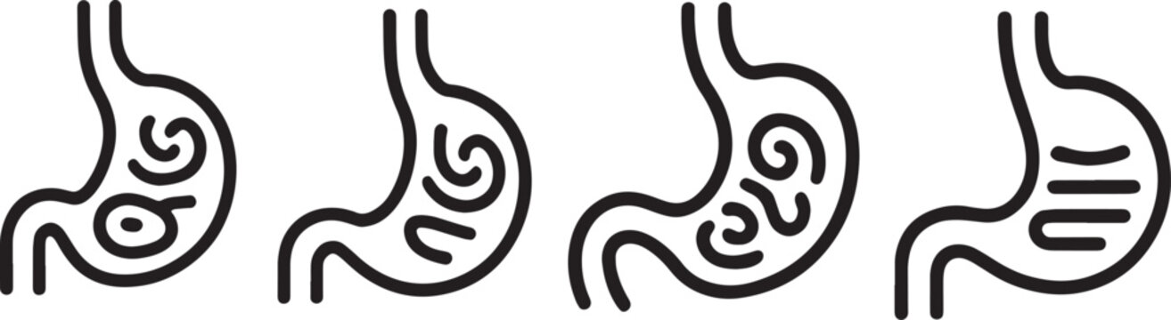 Stomach with human bloating and anatomy in outline style icons set for digestion and internal