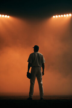 Baseball Player Back View Standing Under Bright Stadium Spotlights Dramatic Sports Concept