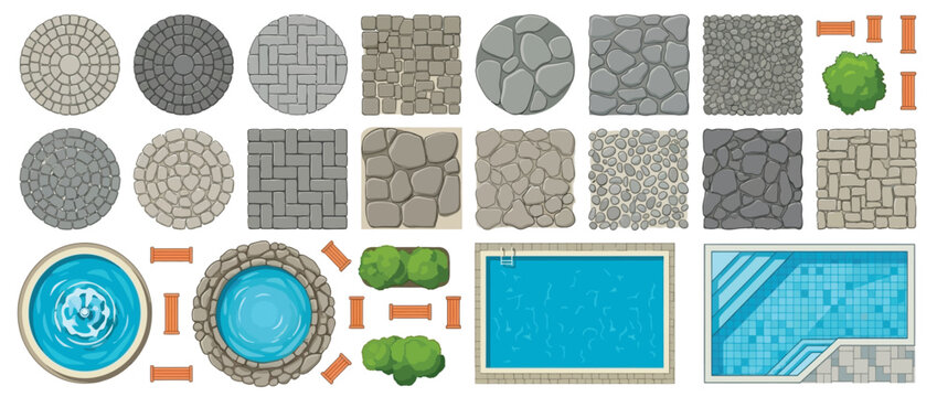 Top view park items. Garden walkway, outdoor relaxing parks furniture and gardens trees aerial isolated vector illustration