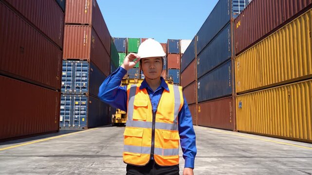Worker safety vest and hard hat in industrial logistics warehouse inspecting colorful shipping container stacks for cargo transportation outdoors under clear blue sky