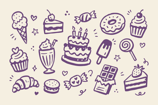 Dessert Icon Set Doodle Sketch Vector Illustration