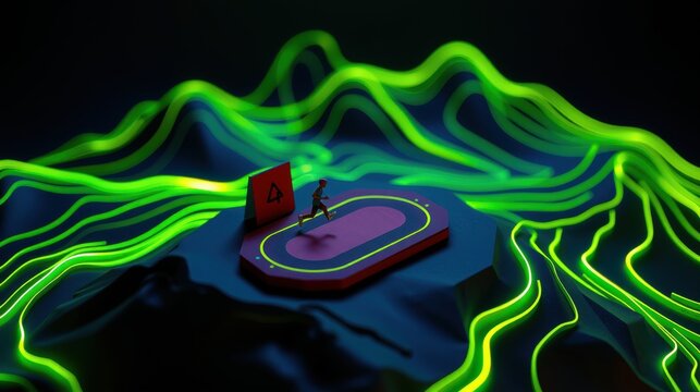 Minimalist rendering depicts runner on track. Bright neon waves surround elevated platform. Dark background emphasizes vibrant colors.