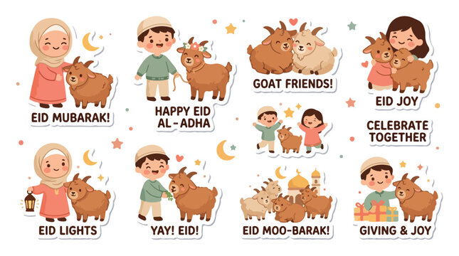 Cute Eid Al-Adha sticker collection with happy Muslim kids, adorable goats, and funny holiday pun text, Islamic celebration cartoon vector elements